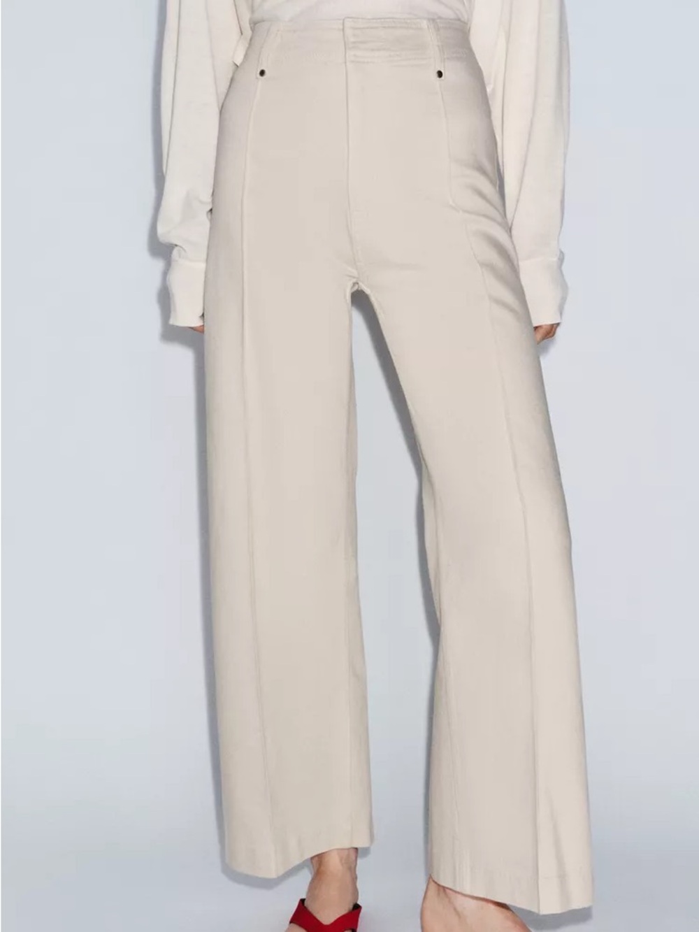 ZARA ZW COLLECTION TAILORED HIGH-WAIST WIDE LEG JEANS IN SAND - Picture 6 of 12